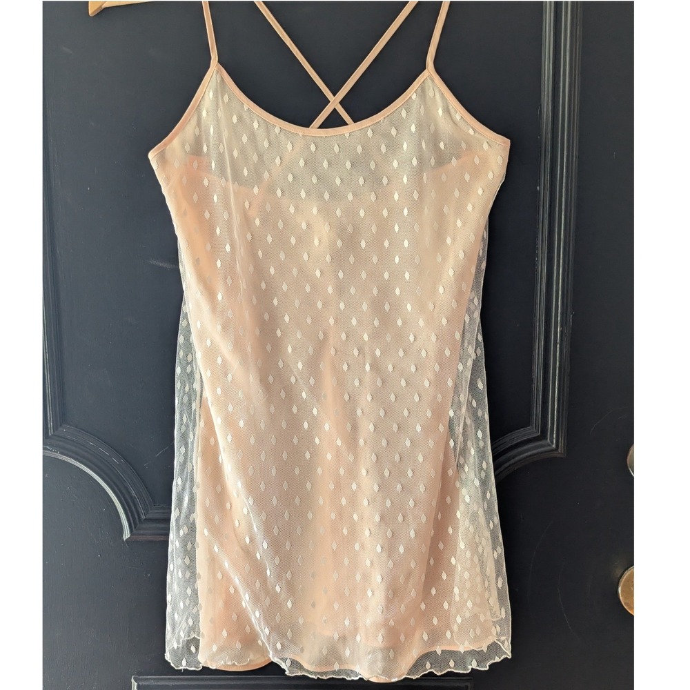 Peach Swiss Dot Mesh Chemise Nightgown Mini Slip Dress Fairy‎ Coquette Bridal XS